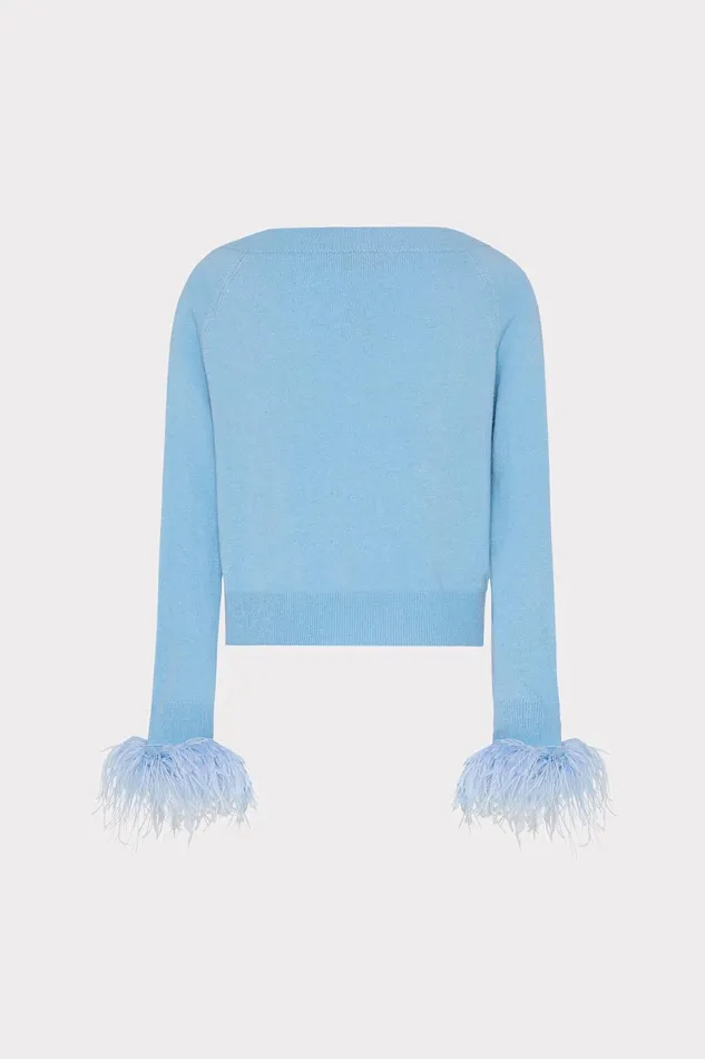 Milly Feather Cuff VNeck Sweater Ice Blue Women Tops