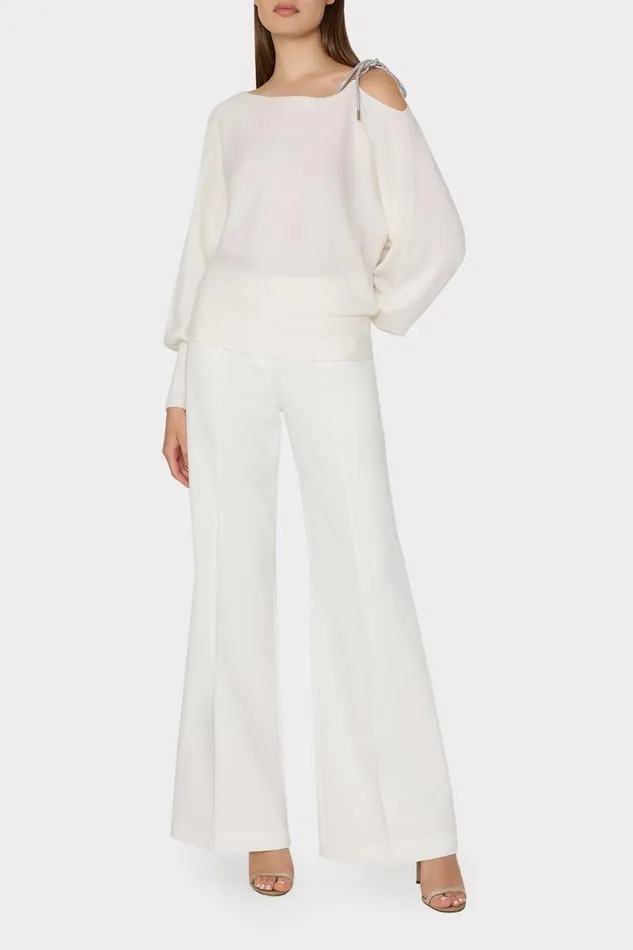 Milly Ida Crystal Bow Cold Shoulder Sweater Ecru Women Sweaters and Knits