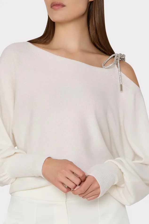 Milly Ida Crystal Bow Cold Shoulder Sweater Ecru Women Sweaters and Knits