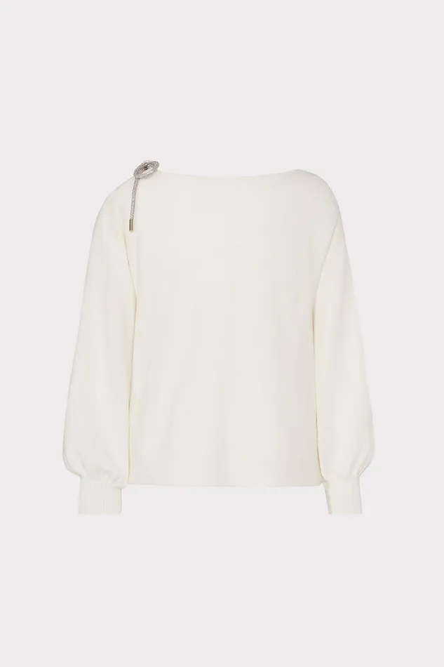Milly Ida Crystal Bow Cold Shoulder Sweater Ecru Women Sweaters and Knits