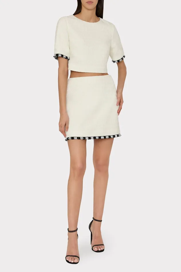 Milly Jayla Beaded Fringe Mini Skirt Ecru Women Matching Sets