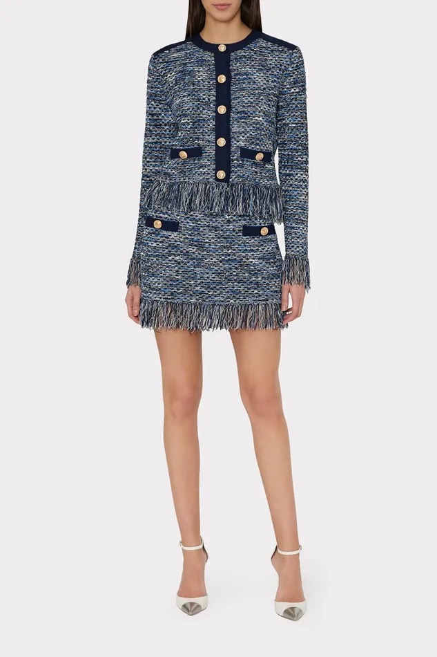 Milly Kaia Textured Knit Cardigan Jacket Navy Multi Women Coats and Jackets