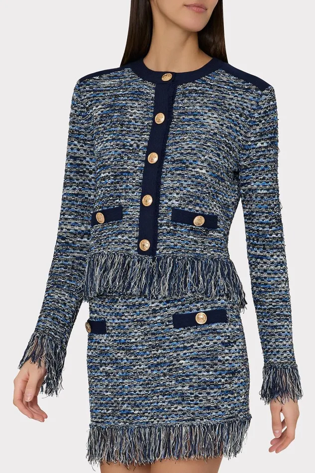 Milly Kaia Textured Knit Cardigan Jacket Navy Multi Women Coats and Jackets