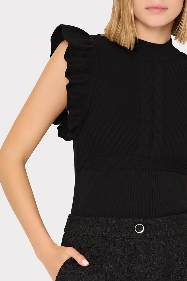 Milly Kamila Flutter Sleeve Knit Top Black Women Sweaters and Knits Milly Kamila Flutter Sleeve Knit Top Black Women Sweaters and Knits