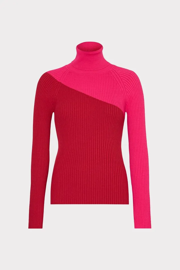 Milly Kenna Color Block Turtleneck Sweater Pink Multi Women Tops