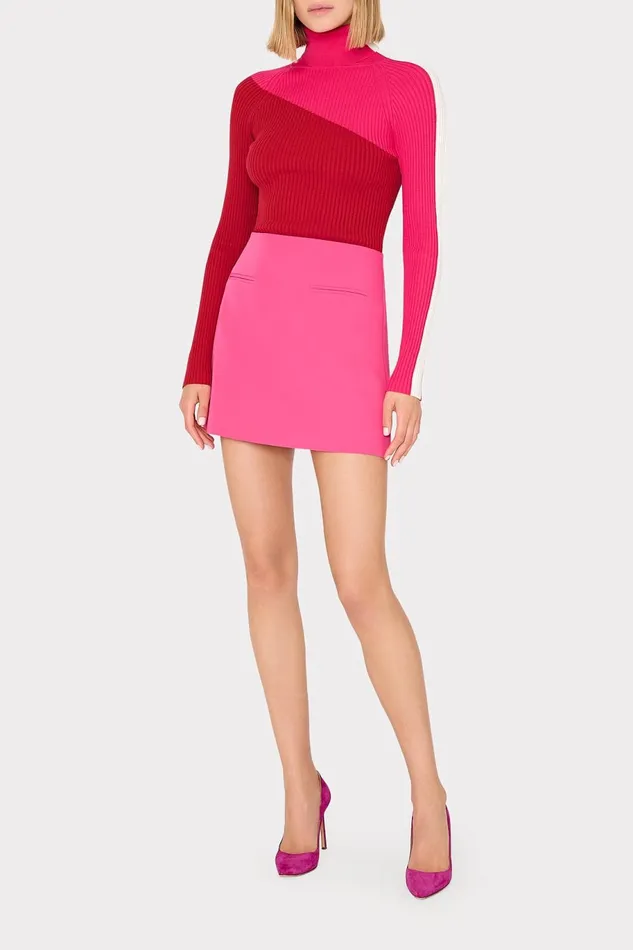 Milly Kenna Color Block Turtleneck Sweater Pink Multi Women Tops