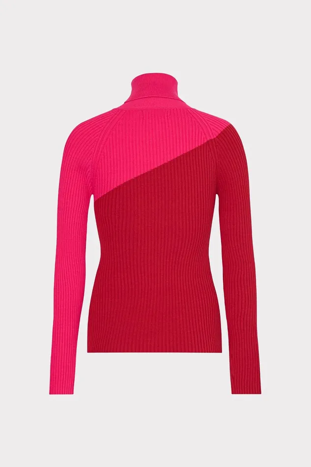 Milly Kenna Color Block Turtleneck Sweater Pink Multi Women Tops