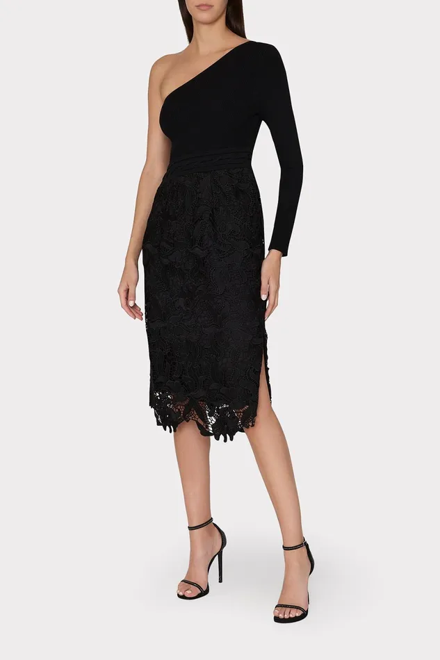 Milly Kingsley One Shoulder Combo Knit Midi Dress Black Women Dresses
