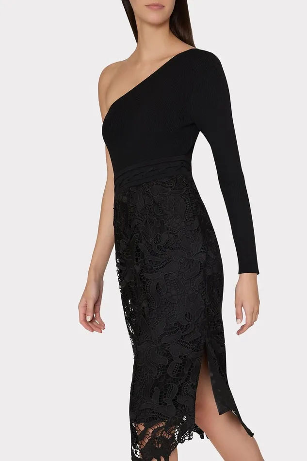 Milly Kingsley One Shoulder Combo Knit Midi Dress Black Women Dresses