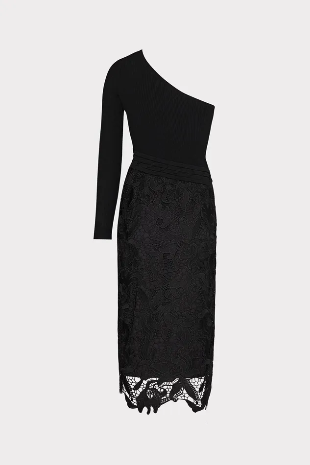 Milly Kingsley One Shoulder Combo Knit Midi Dress Black Women Dresses