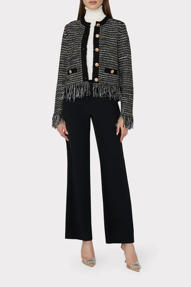 Milly Metallic Textured Fringe Cardigan Black Gold Multi Women Matching Sets