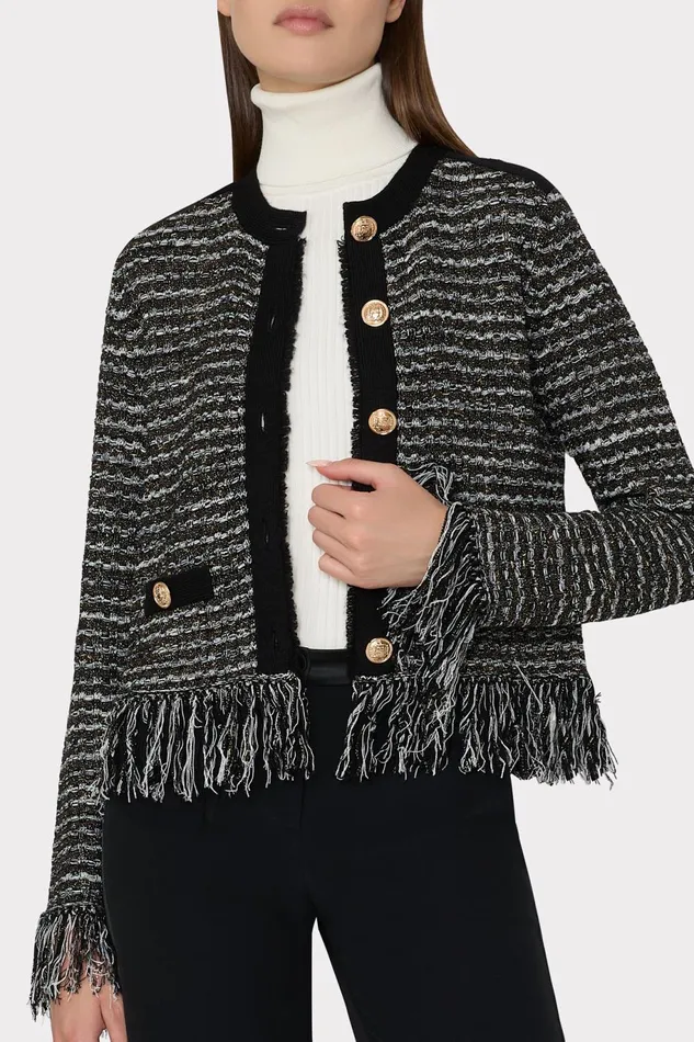 Milly Metallic Textured Fringe Cardigan Black Gold Multi Women Matching Sets