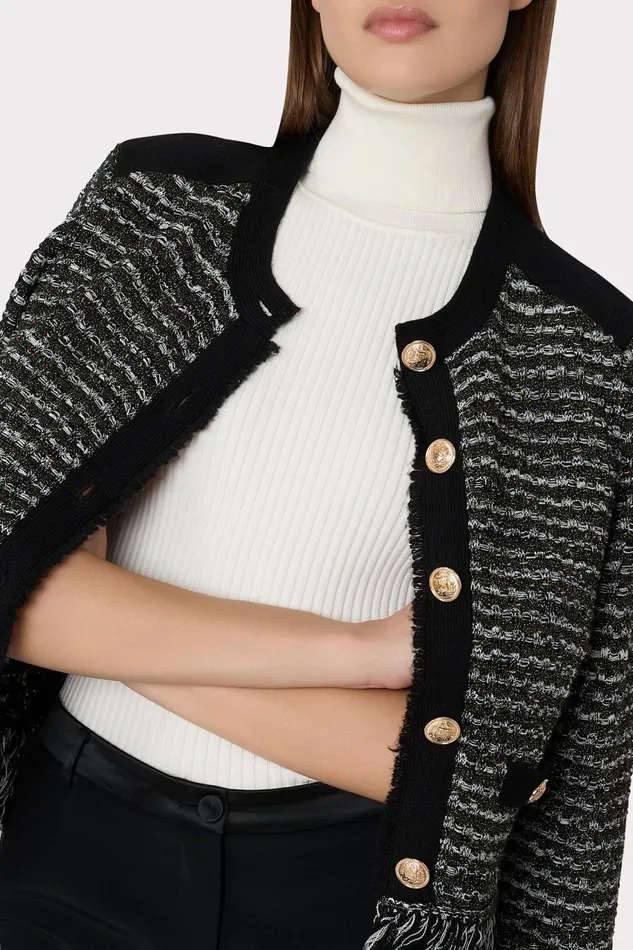 Milly Metallic Textured Fringe Cardigan Black Gold Multi Women Matching Sets
