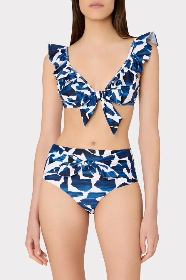 Milly Ocean Puzzle Ruffle Bikini Top Navy Multi Women Swim and Coverups