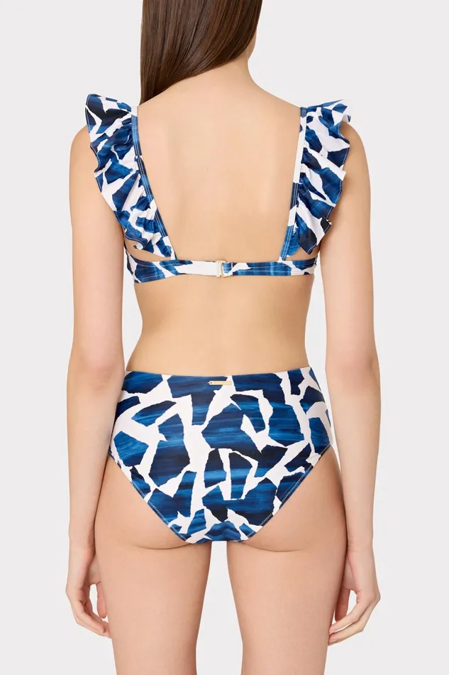 Milly Ocean Puzzle Ruffle Bikini Top Navy Multi Women Swim and Coverups