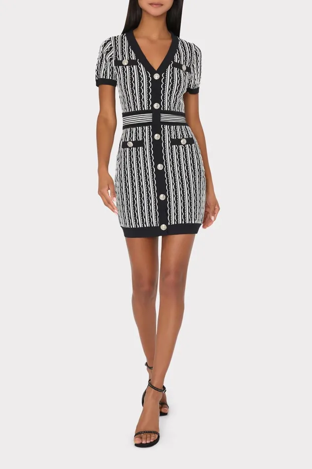 Milly Scallop Textured VNeck Knit Mini Dress Black Multi Women Sweaters and Knits Milly Scallop Textured VNeck Knit Mini Dress Black Multi Women Sweaters and Knits
