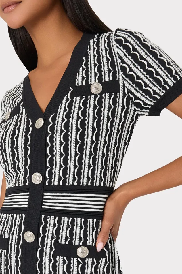 Milly Scallop Textured VNeck Knit Mini Dress Black Multi Women Sweaters and Knits Milly Scallop Textured VNeck Knit Mini Dress Black Multi Women Sweaters and Knits