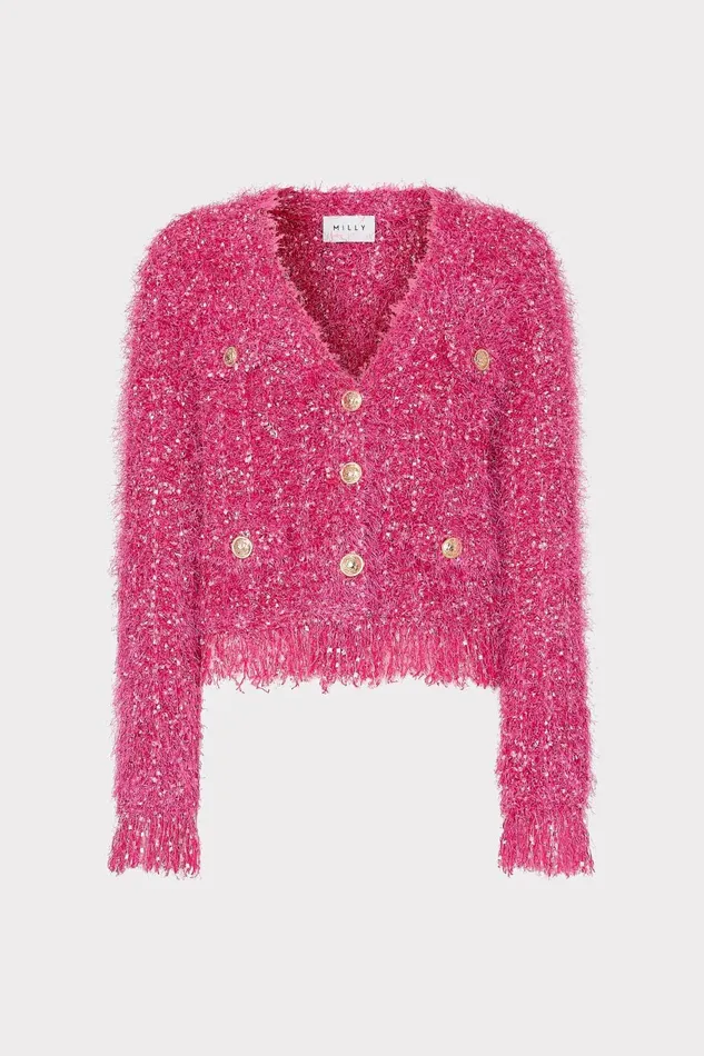 Milly Textured Fringe Cardigan Pink Women Tops