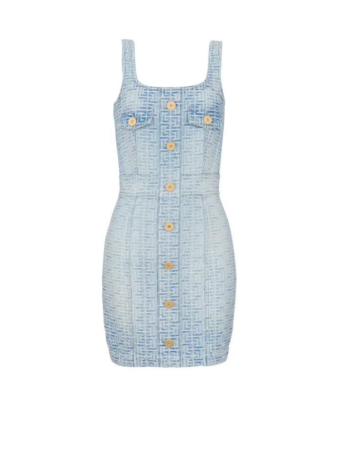 Monogrammed Short Denim Dress Blue Women Balmain Denim
