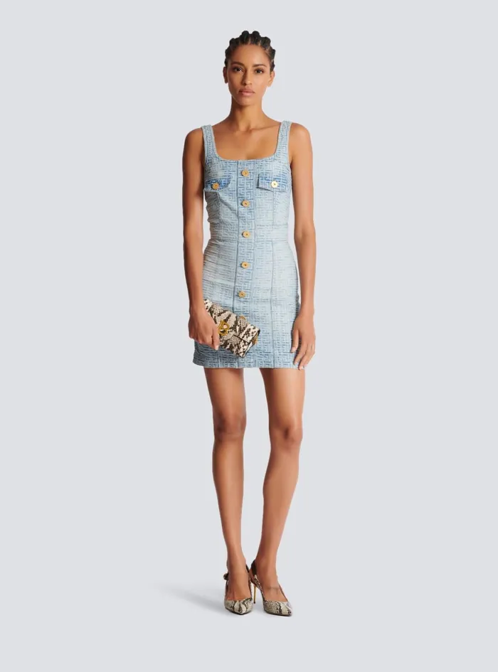 Monogrammed Short Denim Dress Blue Women Balmain Denim