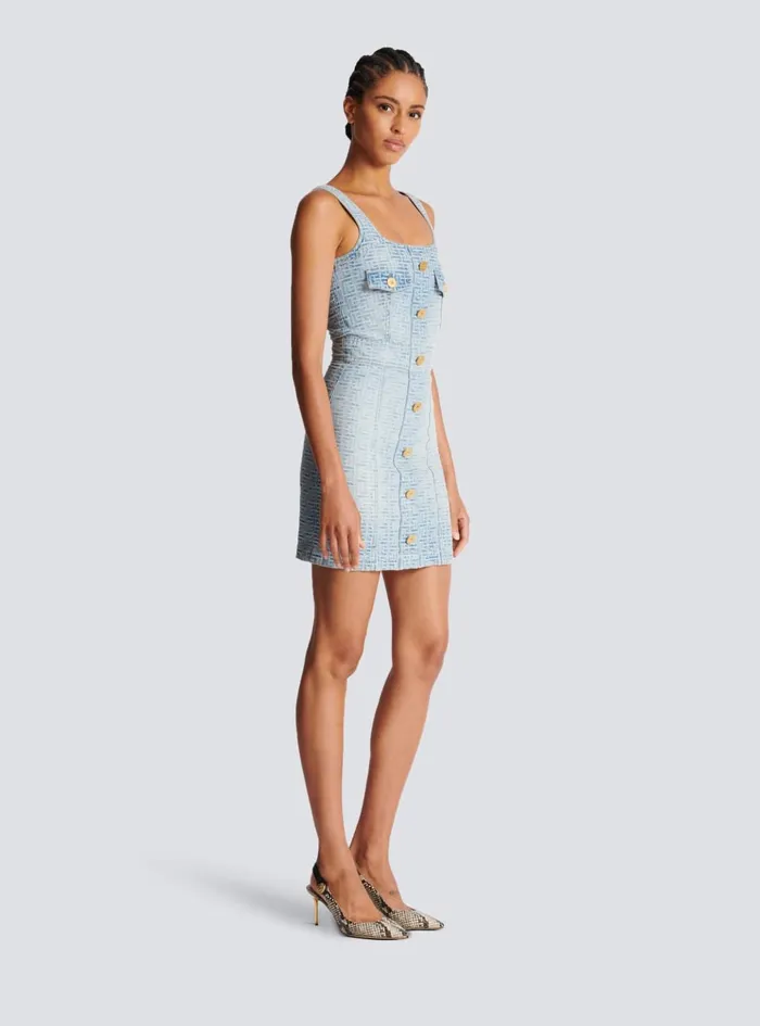 Monogrammed Short Denim Dress Blue Women Balmain Denim