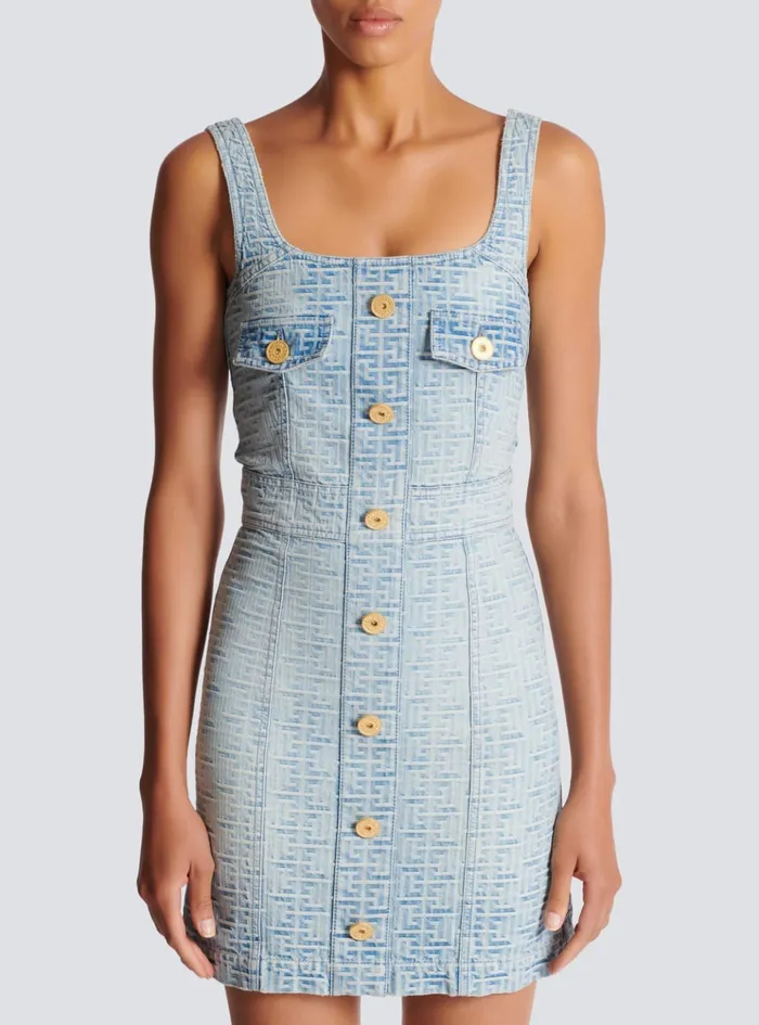 Monogrammed Short Denim Dress Blue Women Balmain Denim