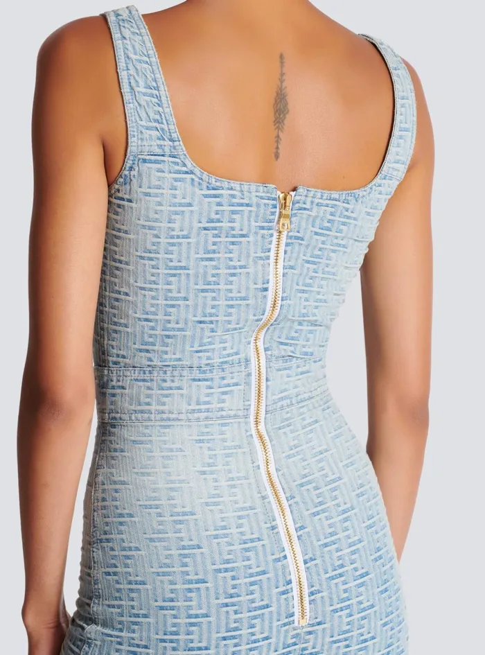 Monogrammed Short Denim Dress Blue Women Balmain Denim