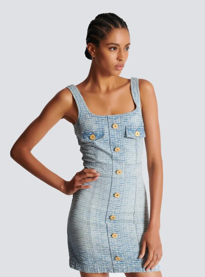 Monogrammed Short Denim Dress Blue Women Balmain Denim