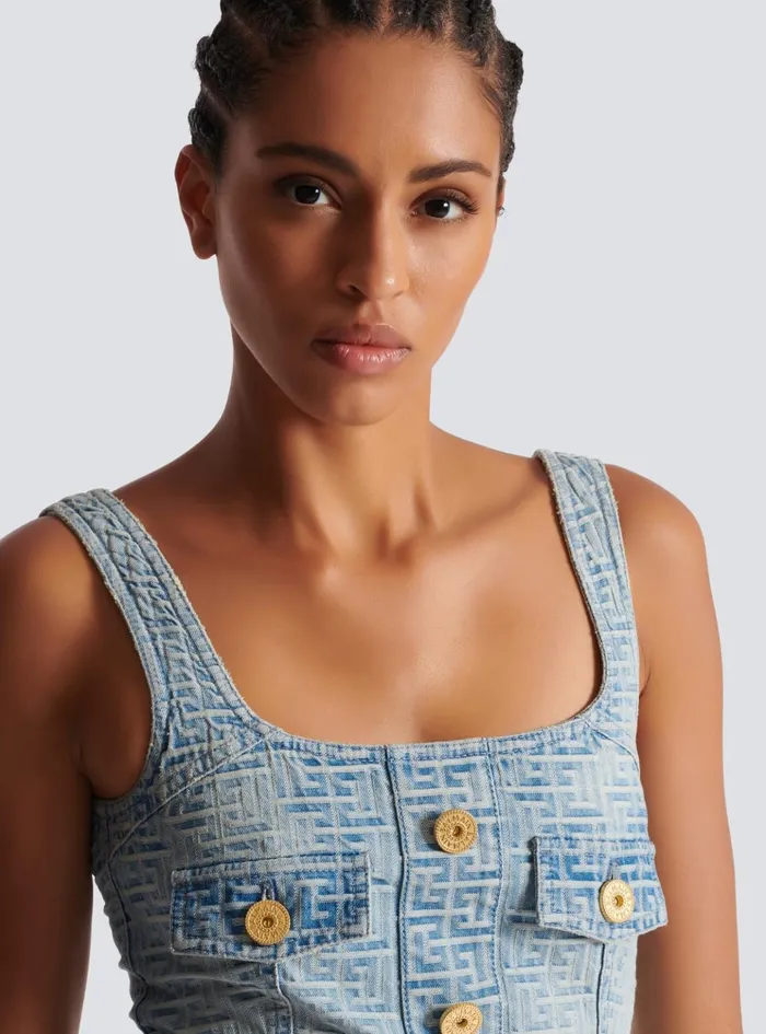 Monogrammed Short Denim Dress Blue Women Balmain Denim