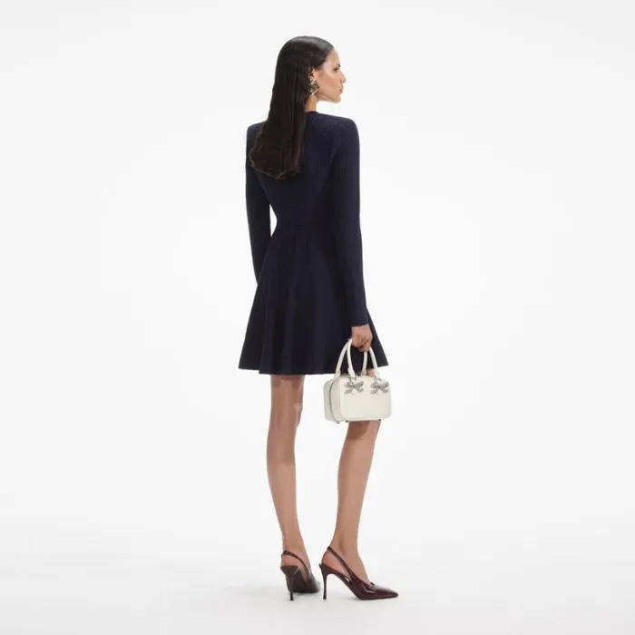Navy Pointelle Knit Mini Dress Women Self Portrait Dresses