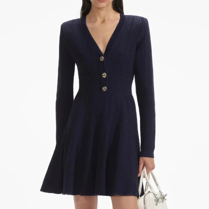 Navy Pointelle Knit Mini Dress Women Self Portrait Dresses
