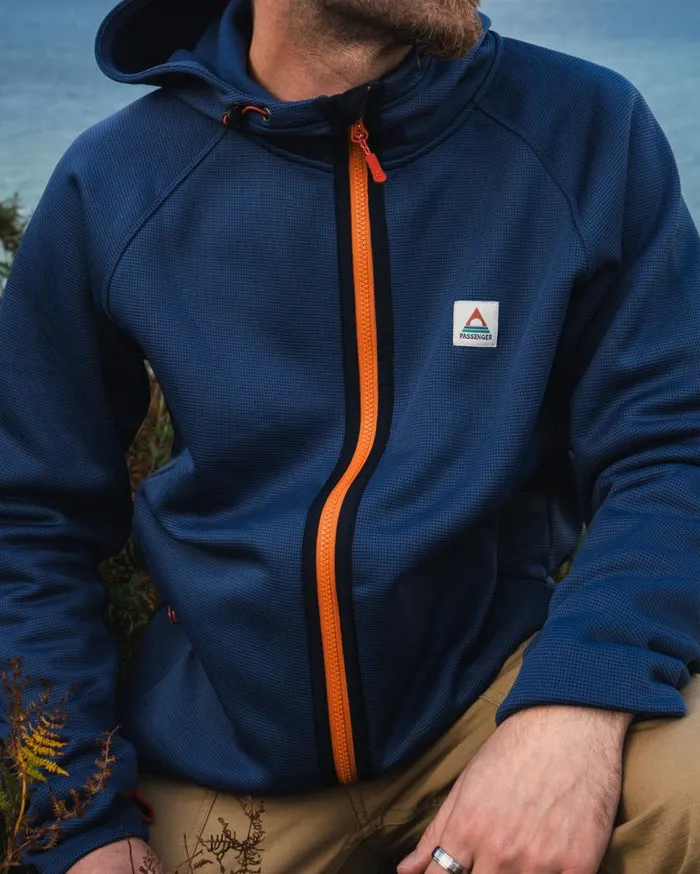 Passenger Clothing Vertical Full Zip Hooded Recycled Fleece Dark Denim Men Activewear