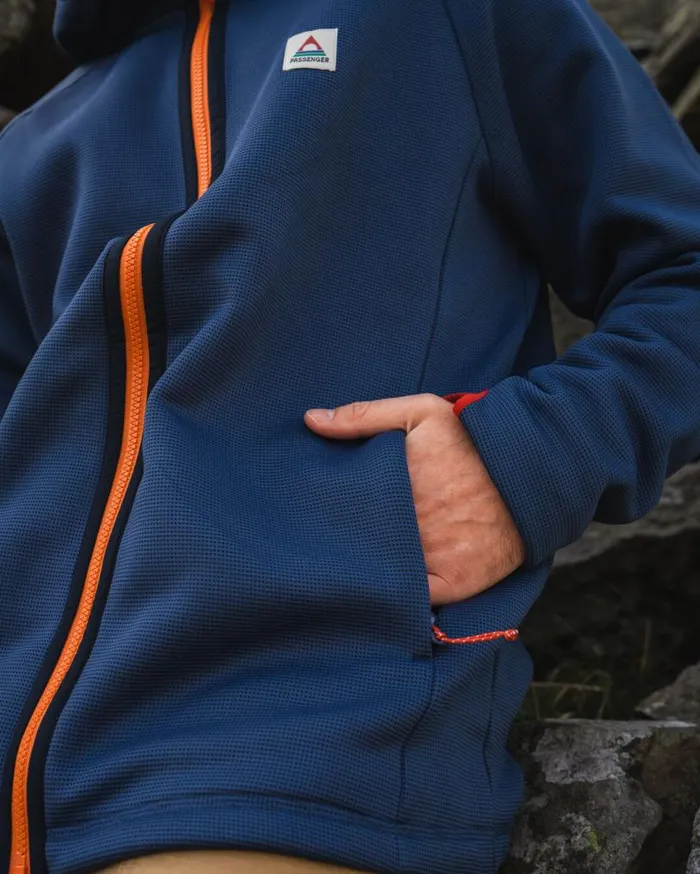 Passenger Clothing Vertical Full Zip Hooded Recycled Fleece Dark Denim Men Activewear