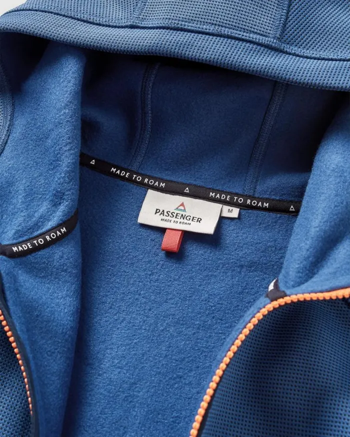 Passenger Clothing Vertical Full Zip Hooded Recycled Fleece Dark Denim Men Activewear