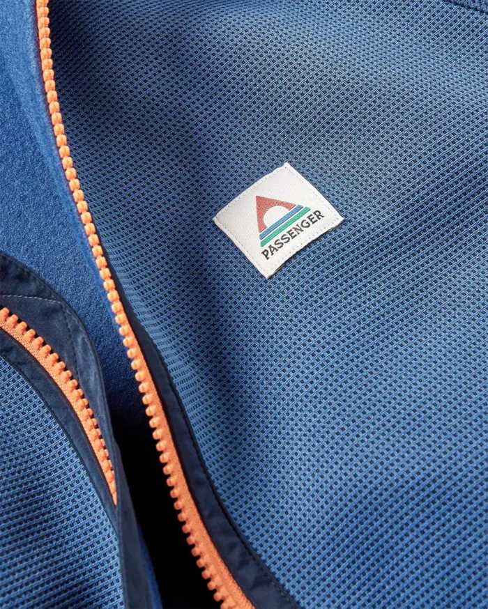 Passenger Clothing Vertical Full Zip Hooded Recycled Fleece Dark Denim Men Activewear