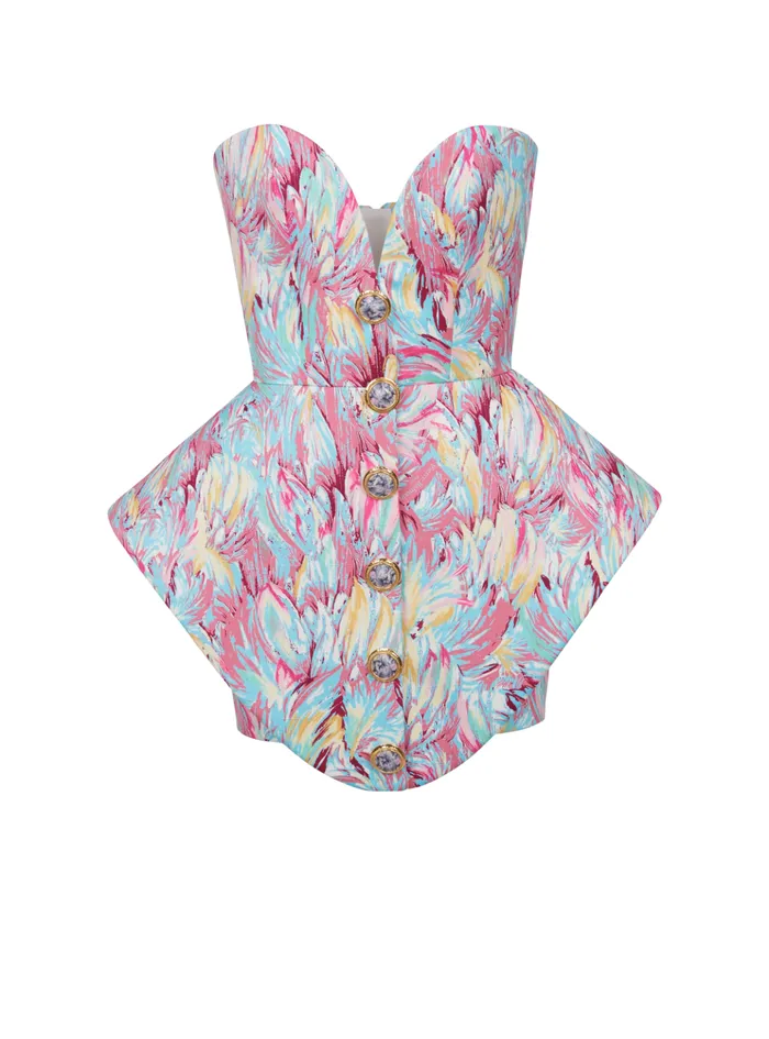 Peplum Bustier Dress With Feather Print Multicolor Women Balmain Dresses