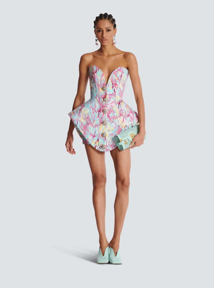 Peplum Bustier Dress With Feather Print Multicolor Women Balmain Dresses