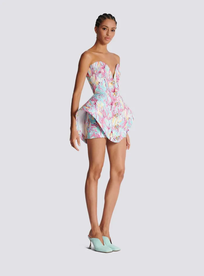 Peplum Bustier Dress With Feather Print Multicolor Women Balmain Dresses