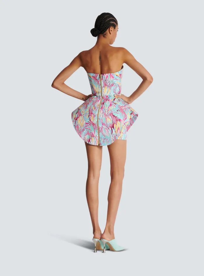 Peplum Bustier Dress With Feather Print Multicolor Women Balmain Dresses