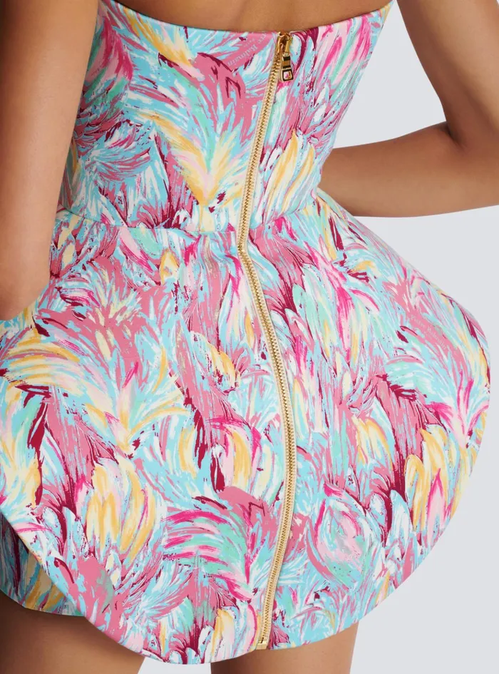 Peplum Bustier Dress With Feather Print Multicolor Women Balmain Dresses