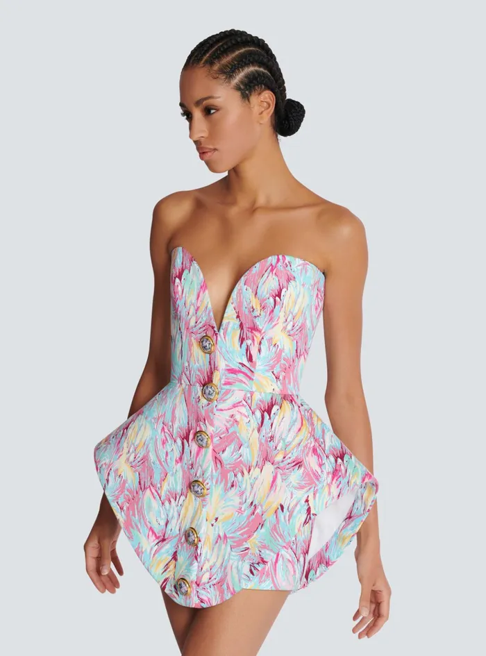 Peplum Bustier Dress With Feather Print Multicolor Women Balmain Dresses