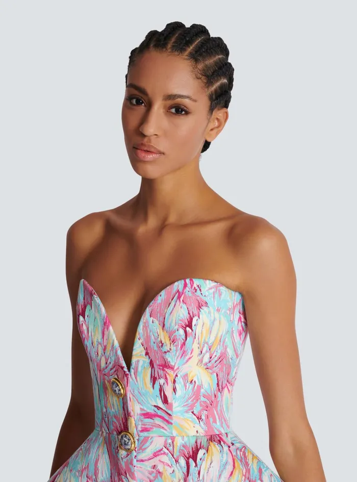 Peplum Bustier Dress With Feather Print Multicolor Women Balmain Dresses