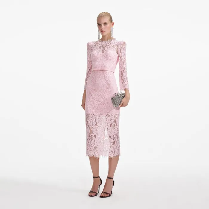 Pink Lace Bustier Midi Dress Women Self Portrait Dresses
