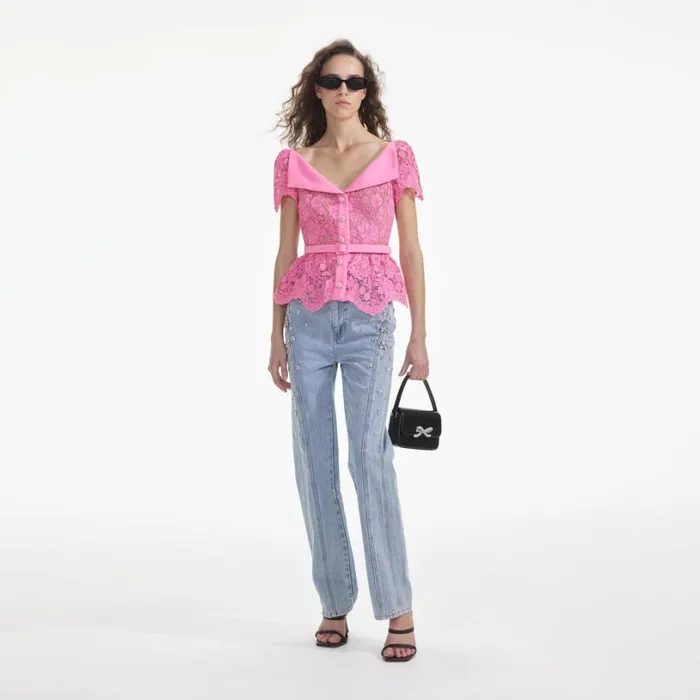 Pink Lace Open Neck Top Women Self Portrait Tops Pink Lace Open Neck Top Women Self Portrait Tops