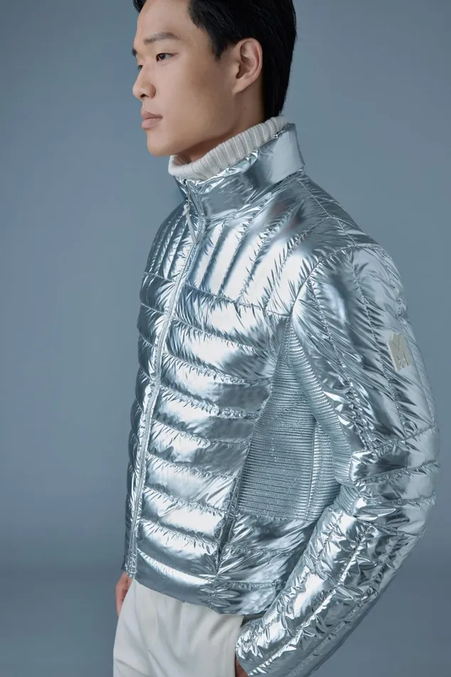 Puffer Men Mackage TRAVISM Metallic Perpendicular Channel Quilt Down Jacket Silver