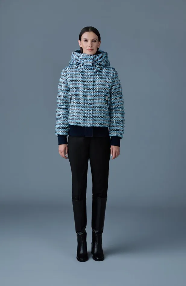 Puffers Women Mackage SHIRLEYTW Mix Media Tweed Quilted Down Jacket Sky Blue Multi
