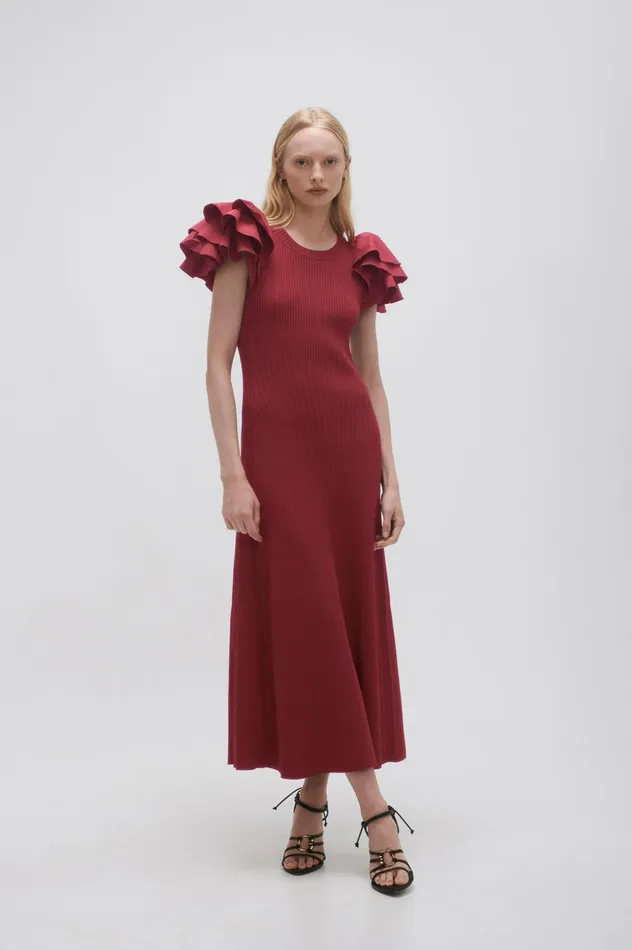 Questa Puff Midi Dress Mahogany Red Women Aje Midi Dresses