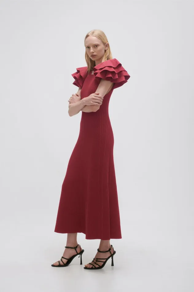Questa Puff Midi Dress Mahogany Red Women Aje Midi Dresses