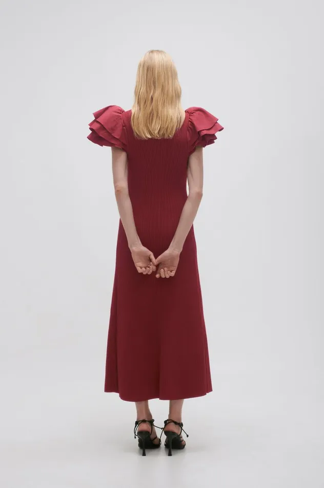 Questa Puff Midi Dress Mahogany Red Women Aje Midi Dresses