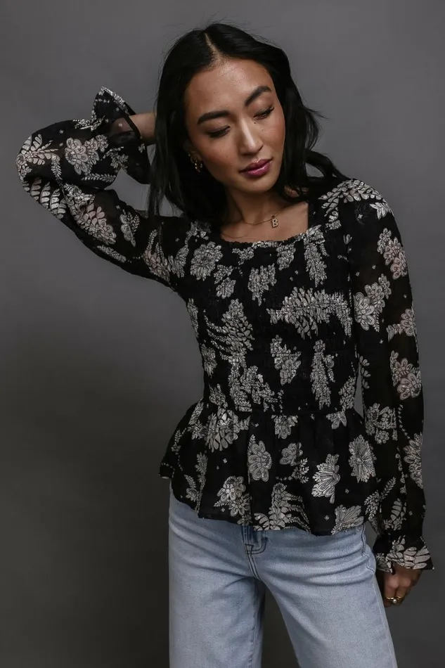 Ray Smocked Floral Blouse Black Women Bohme Tops